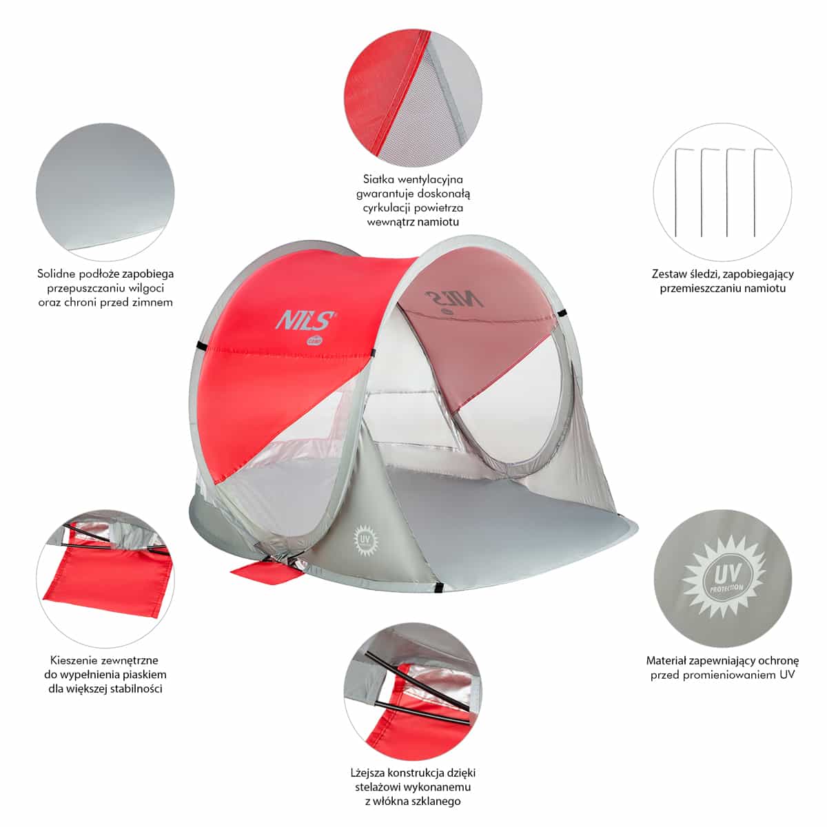 Red and gray self-deploying beach tent with floor Nils Camp 6