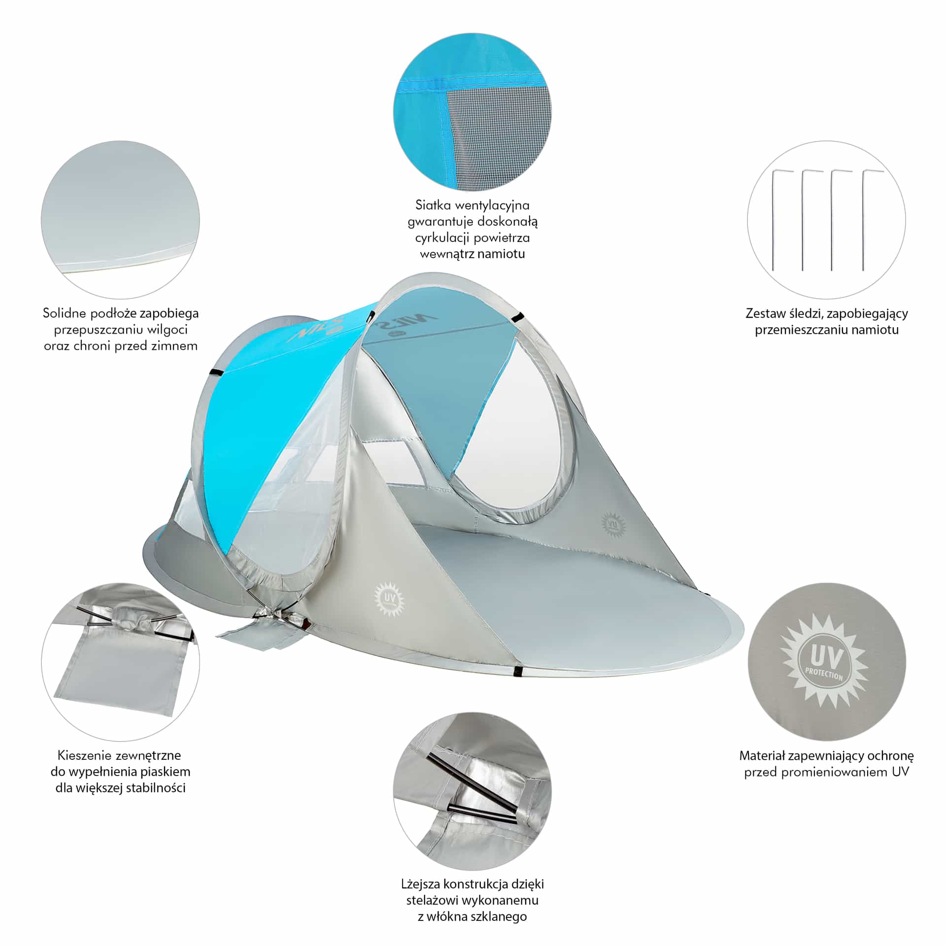 NILS Blue self-folding beach tent with floor 2