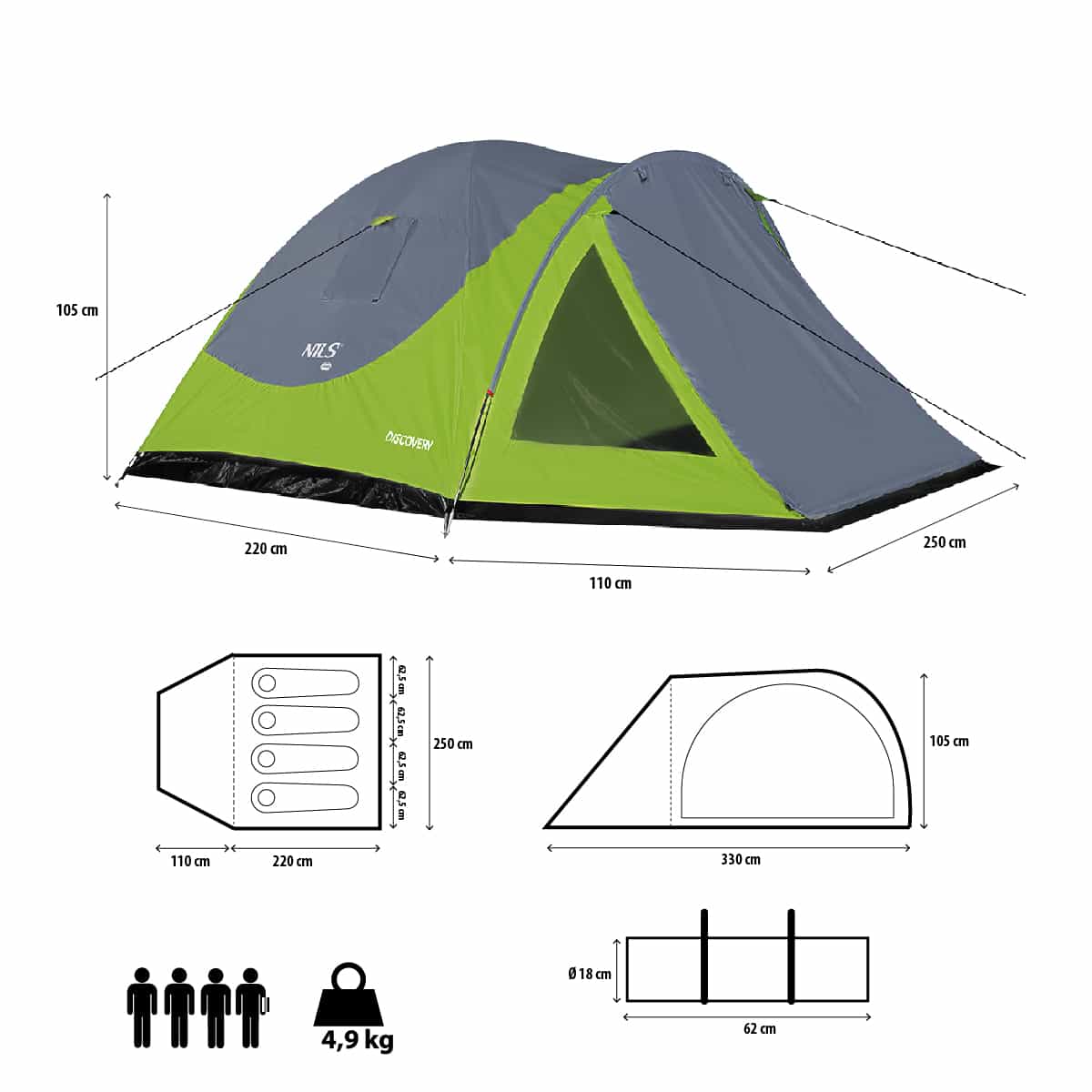 Nils Camp Discovery - green-gray camping tent for 4 people 9