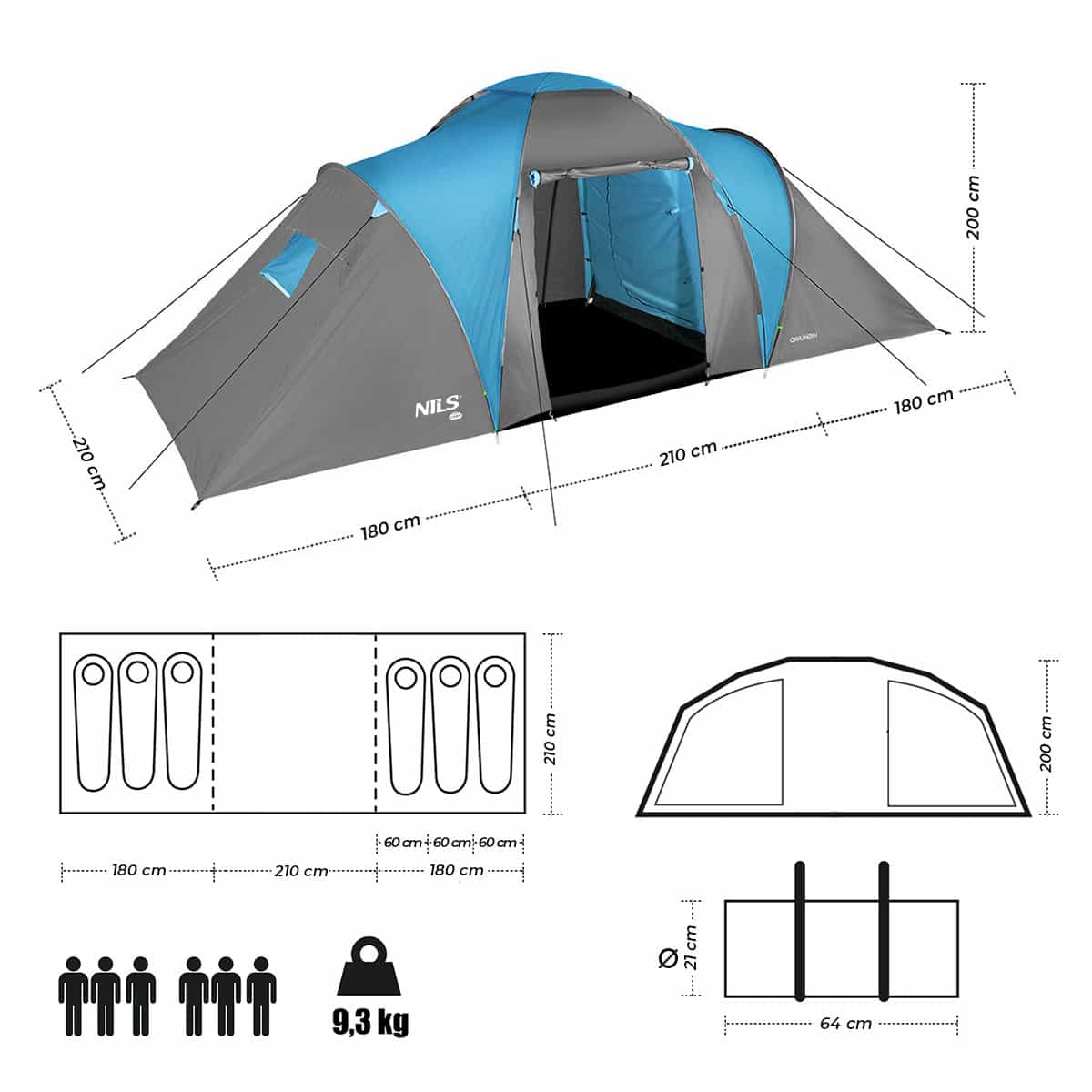 Nils Camp Highland - Blue-gray camping tent for 6 people 6
