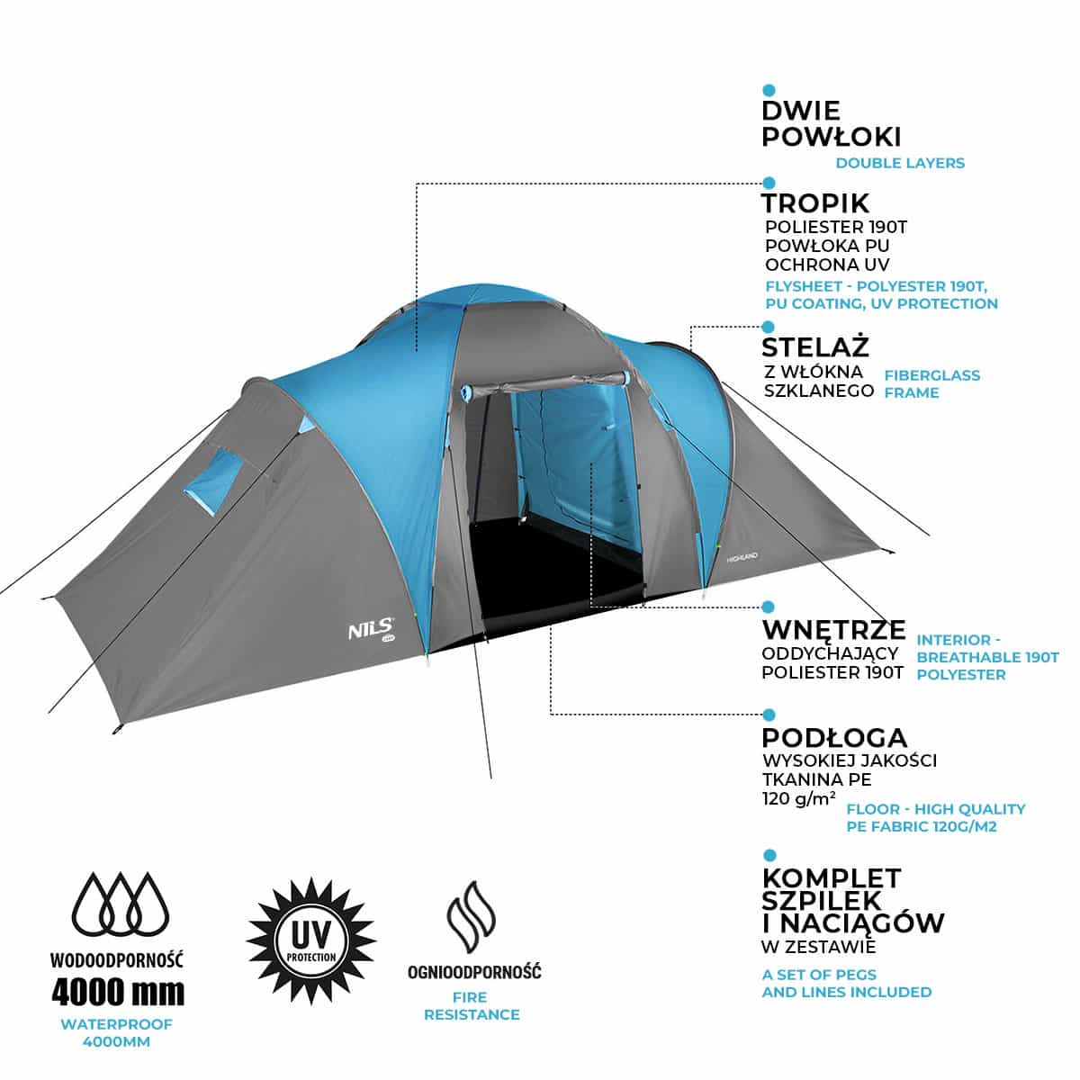 Nils Camp Highland - Blue-gray camping tent for 6 people 7