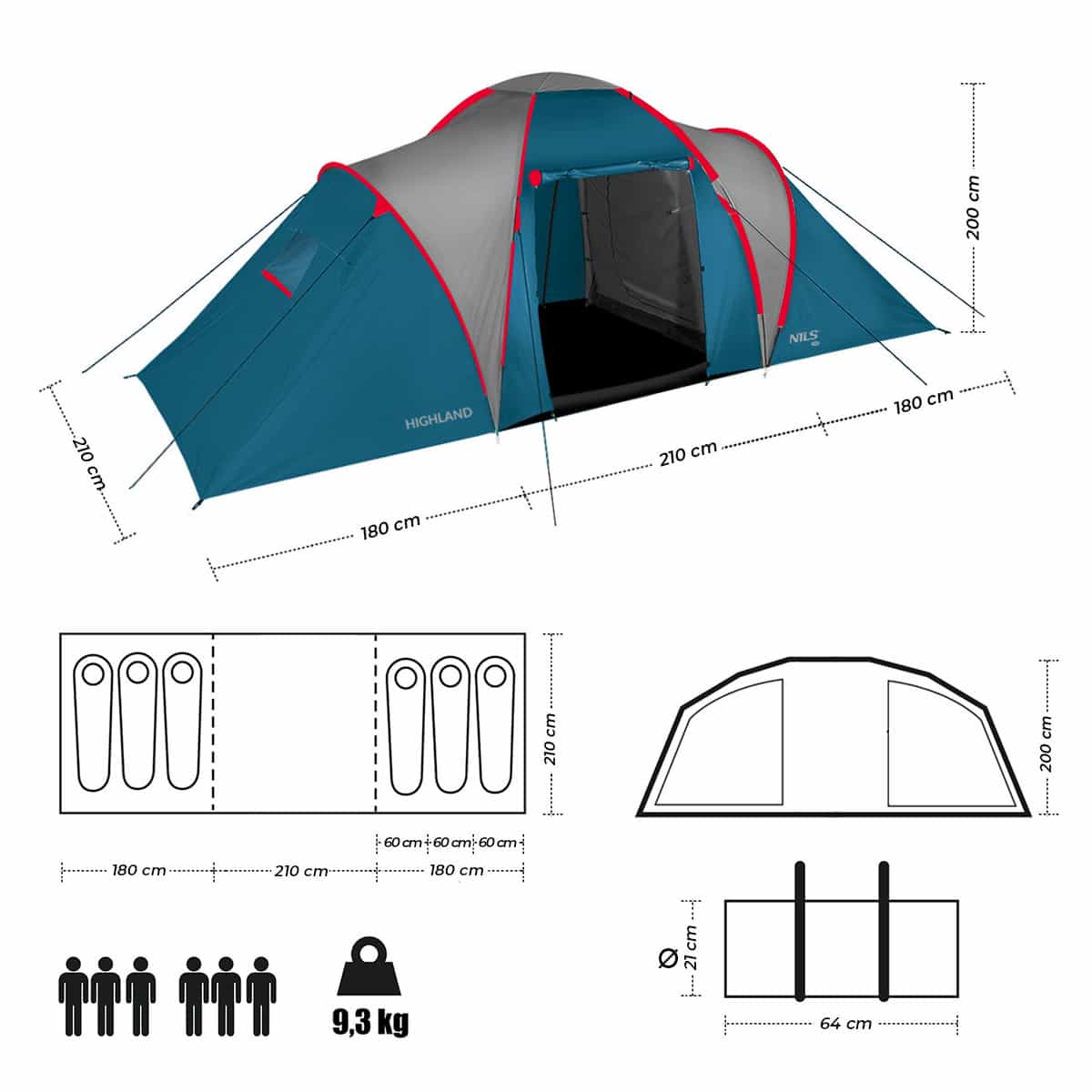 Nils Camp Highland - Blue-light gray camping tent for 6 people 5