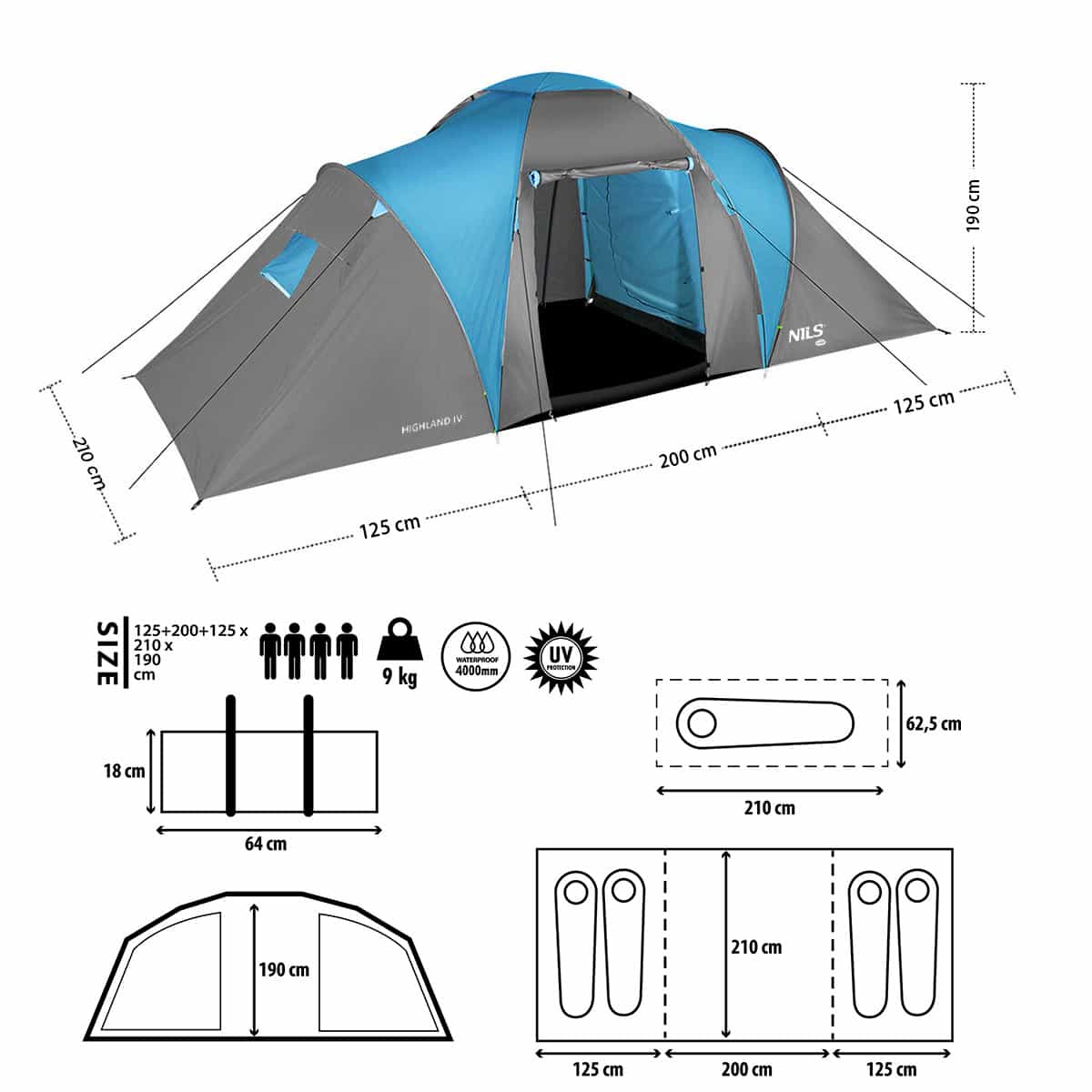 Nils Camp Highland IV - Blue-gray 4-person camping tent 7
