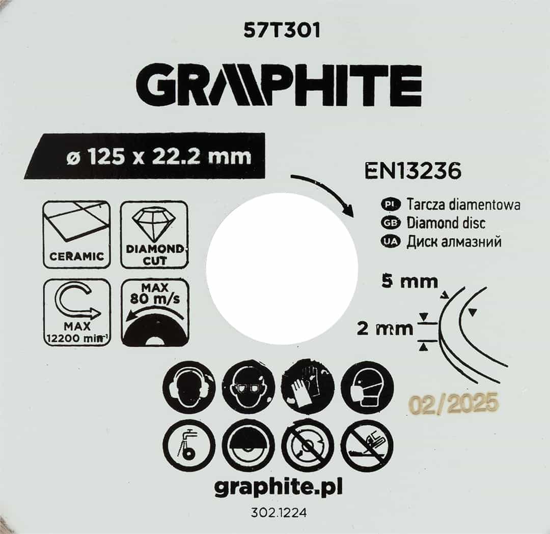 GRAPHITE Diamond cutting disc full for wet cutting 125 mm 6