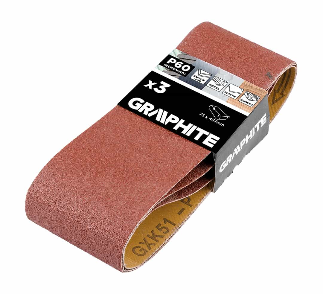 GRAPHITE Sanding belts 75 x 457 mm, P60, 3 pieces - ideal for sander 10