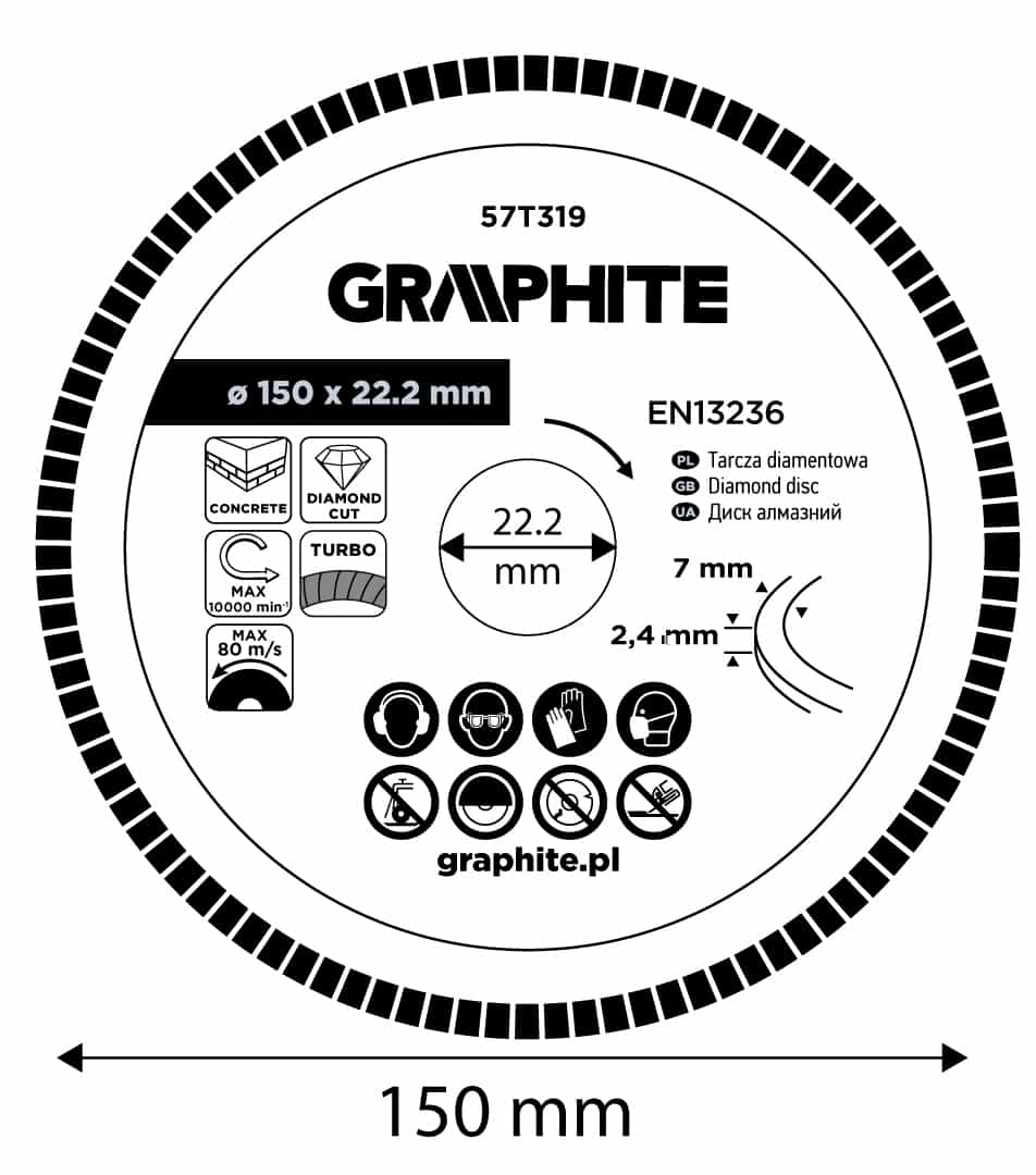 GRAPHITE Diamond cutting disc turbo 150 x 22.22 mm - for dry cutting 4