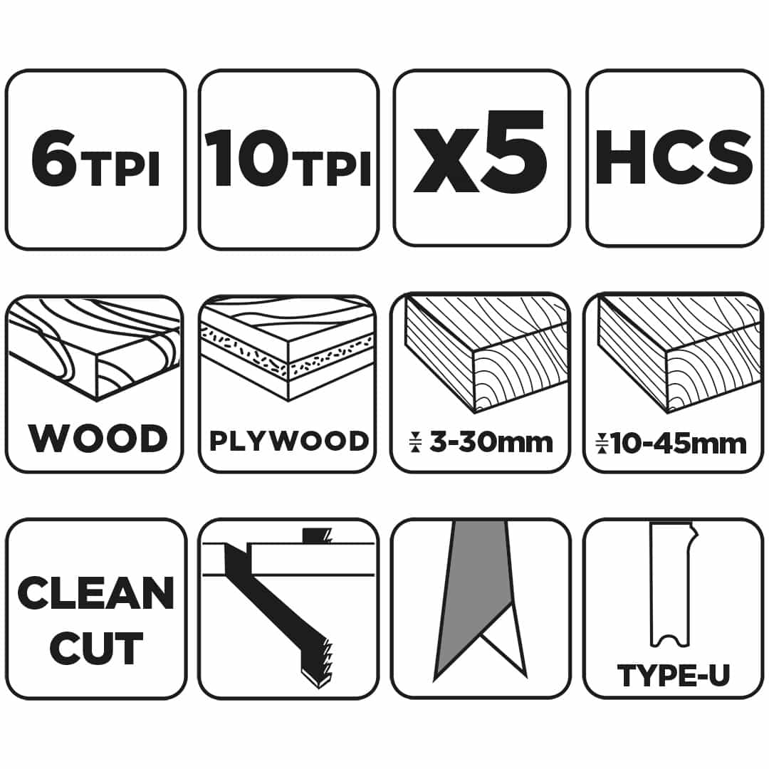 GRAPHITE Jigsaw blade set 6 TPI 10 TPI HCS U-shank 5 pieces 5