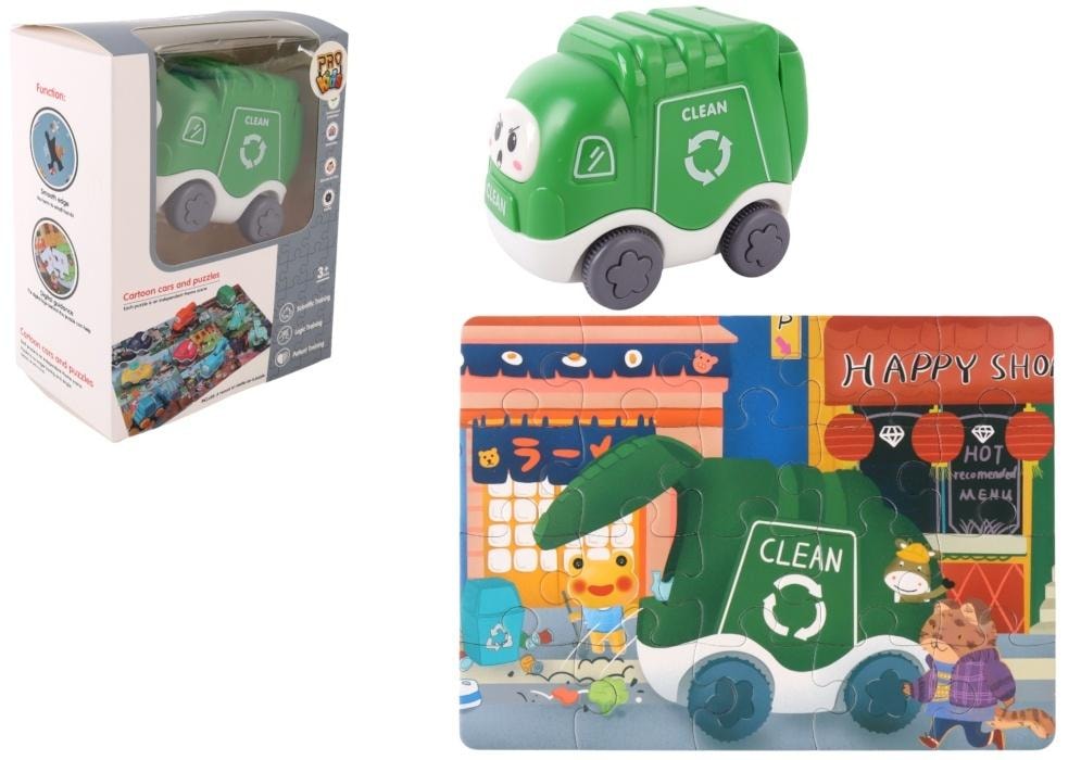 Car puzzle Road adventure - Garbage truck with educational puzzle
