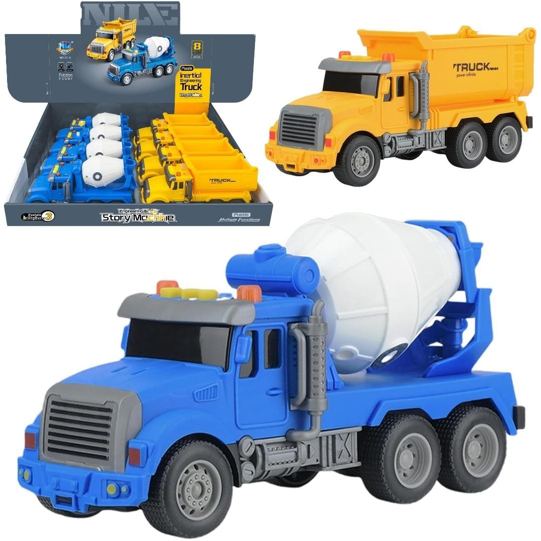 Concrete mixer, dump truck Story Machine - construction vehicles with light and sound