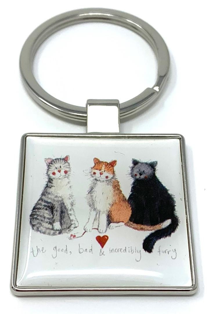 Alex Clark Keychain 3 Cats - metal with watercolor pattern