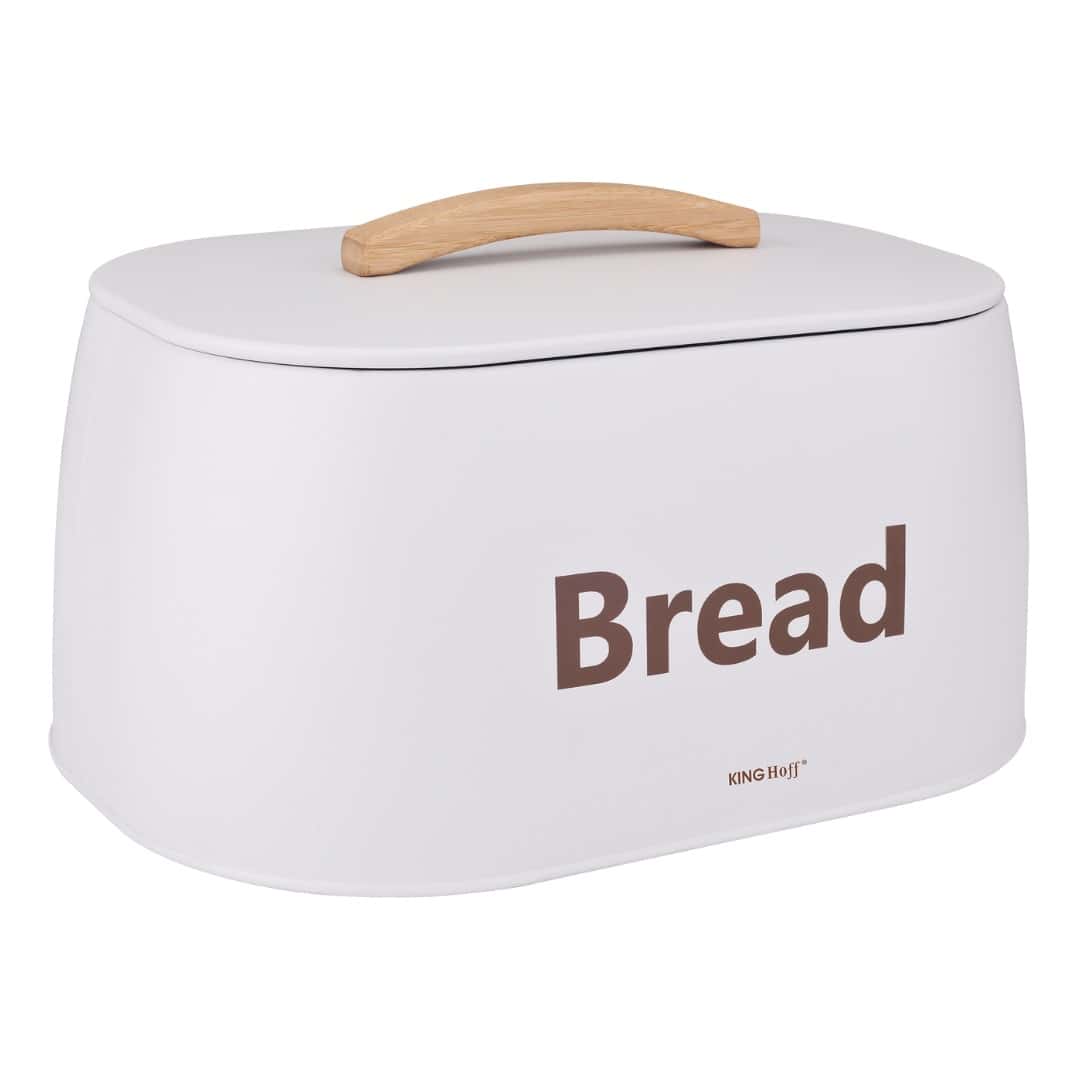 KINGHOFF Metal bread bin white with wooden handle - perfect for your kitchen