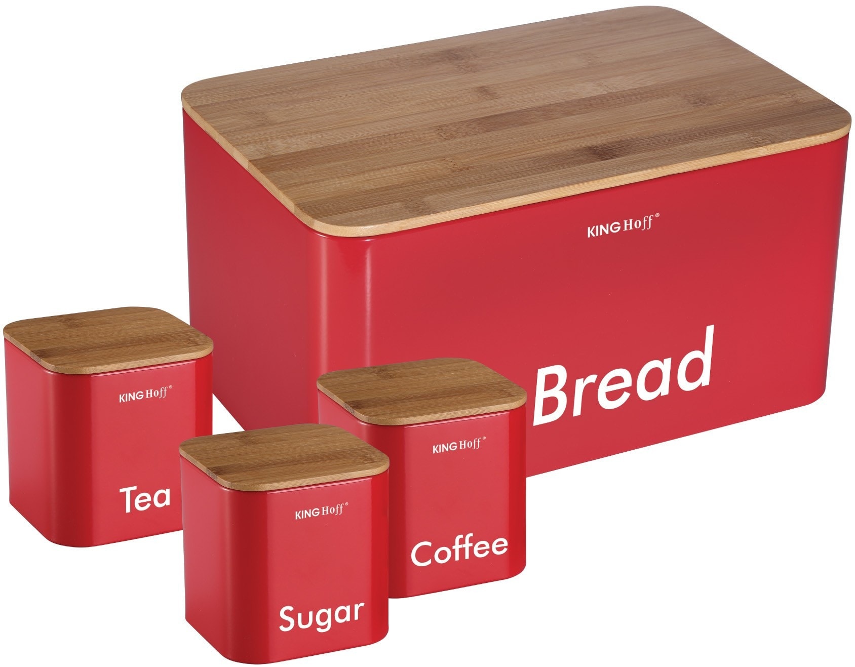 Kinghoff Bread bin with container set - steel, bamboo, red