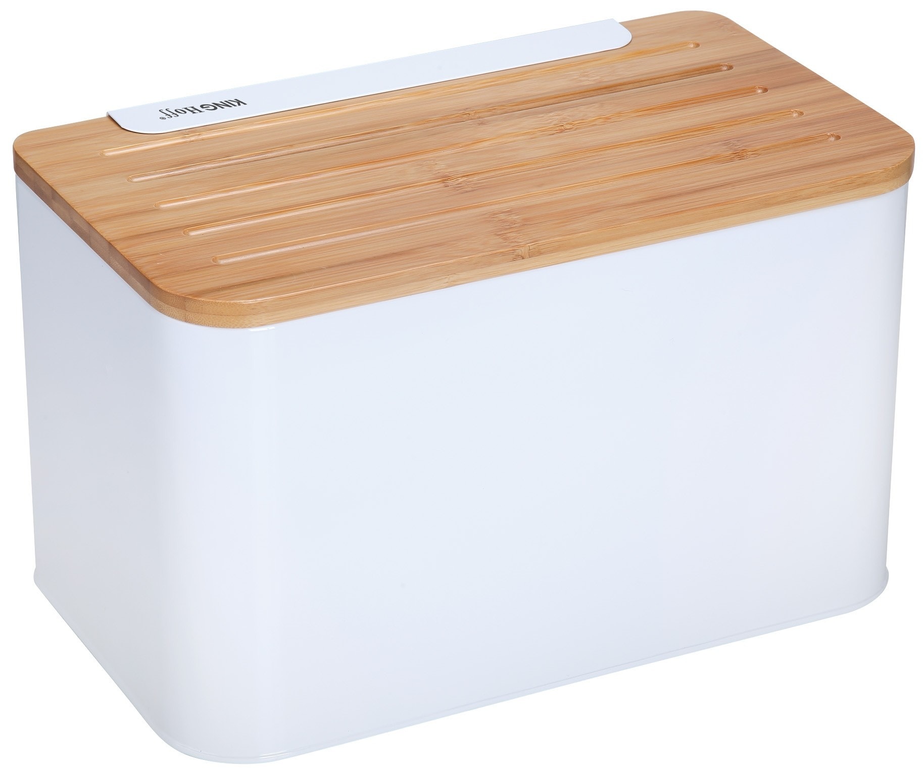 Kinghoff Bread bin with board - white steel and bamboo