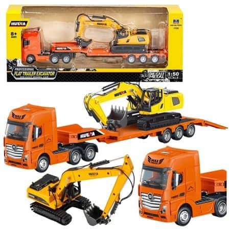 Truck with semi-trailer orange 1:50 - metal model with excavator