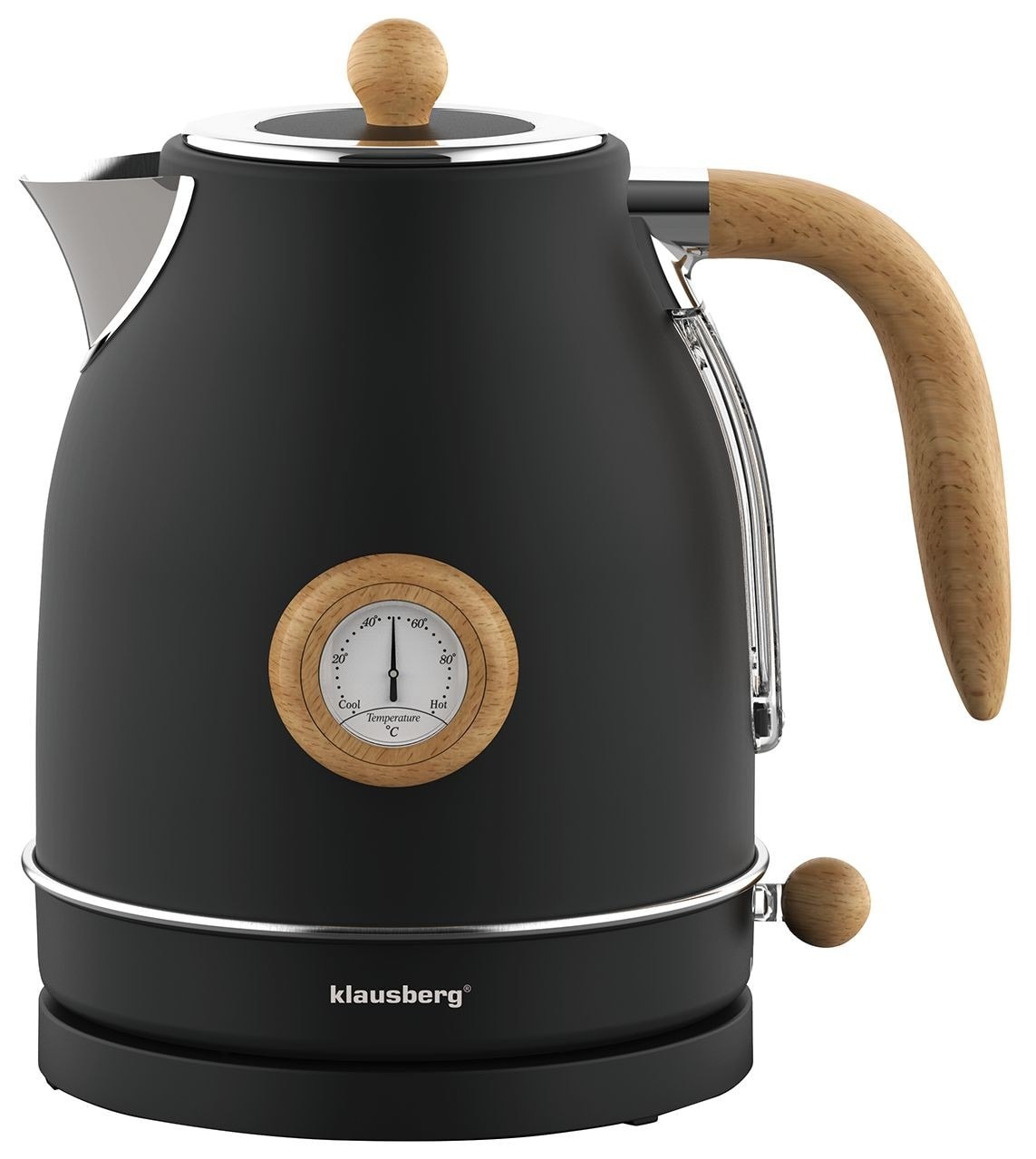 Klausberg Electric Kettle with Thermometer - black with wood, 1.7l