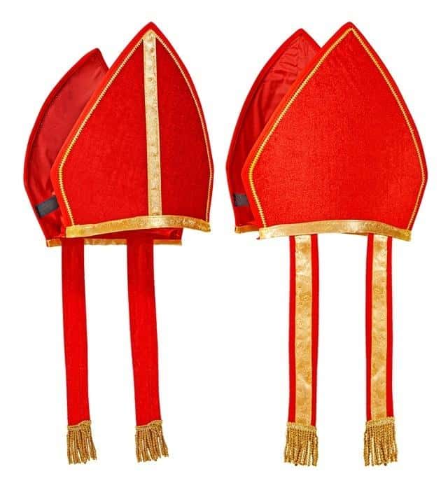 Santa Claus mitre hat - red with gold decorations, perfect for the holidays