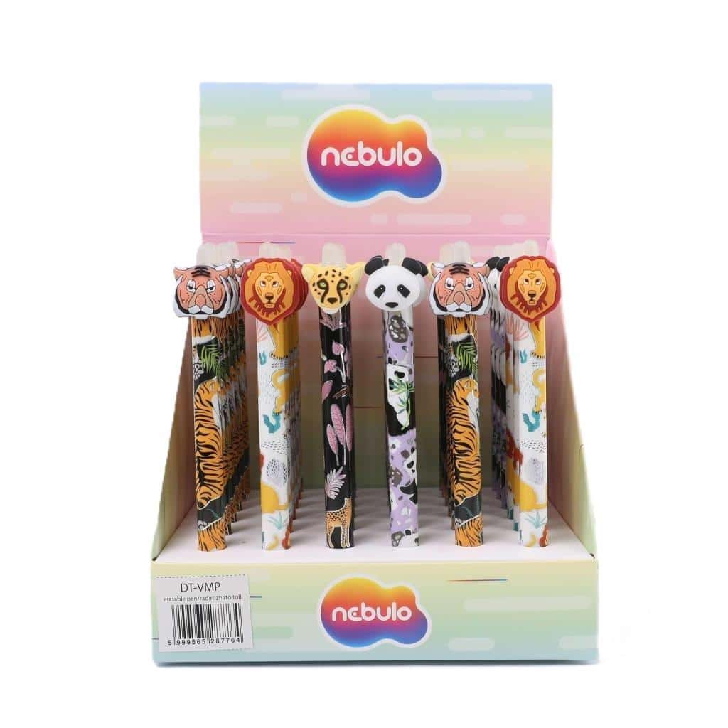 Erasable gel pen with animal motif - blue ink, 36 pieces