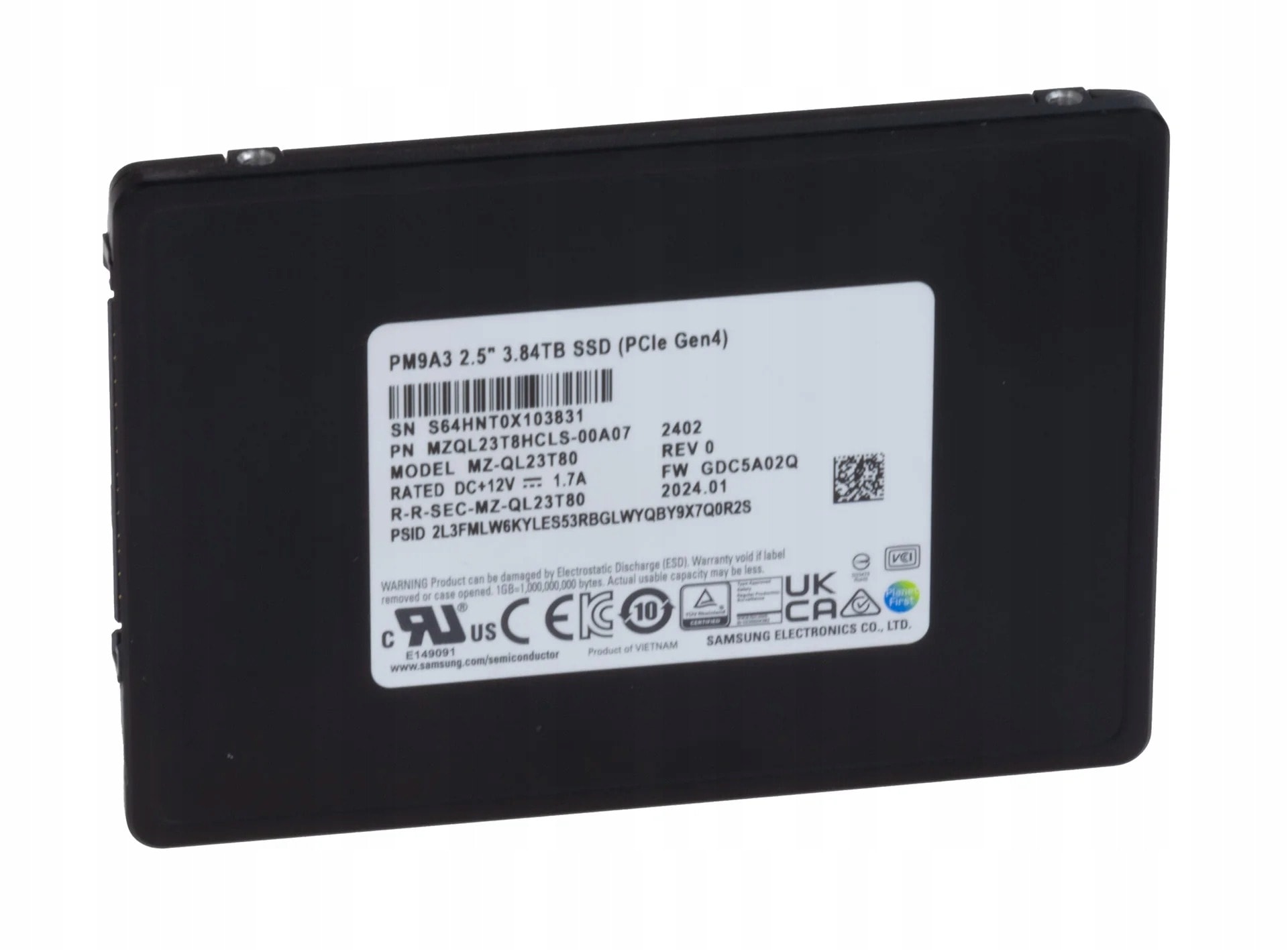 Samsung PM9A3 3.84TB U.2 NVMe Gen4 SSD Drive (DWPD 1) - High Performance