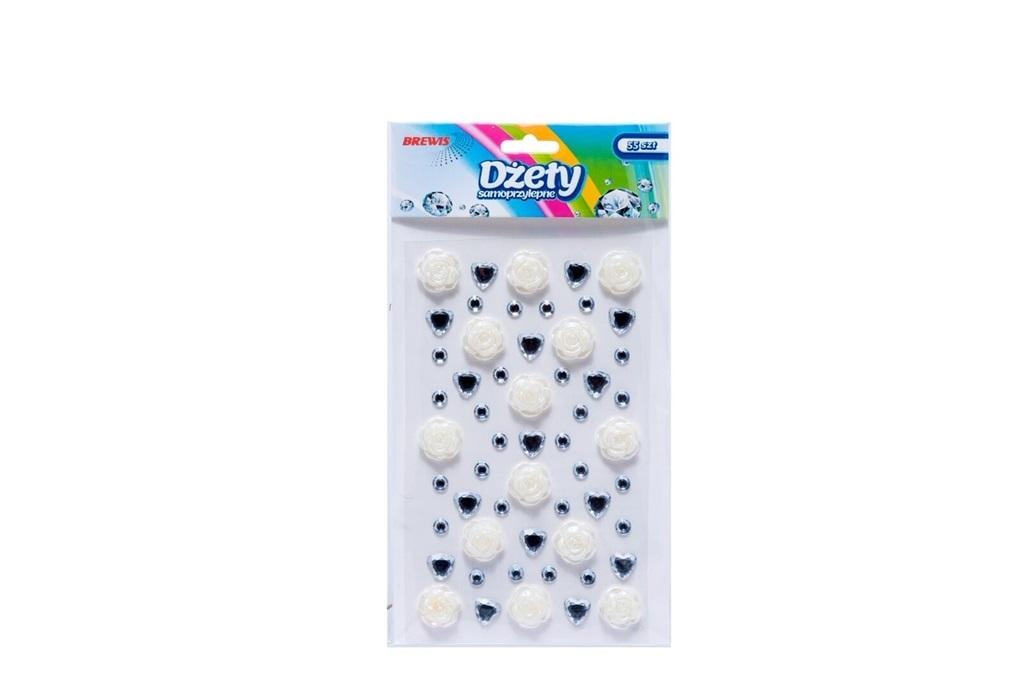 Self-adhesive rhinestones - hearts and roses, white-silver, 55 pieces - ideal for decorating