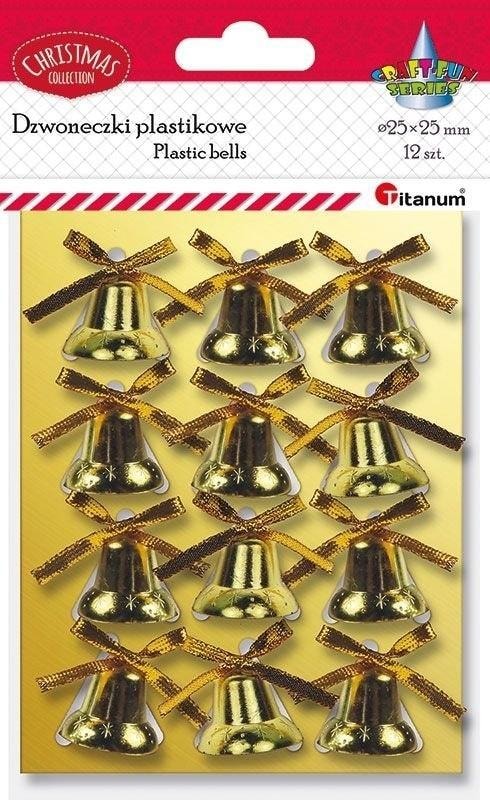 Plastic bells golden with ribbon - perfect for Christmas decorations