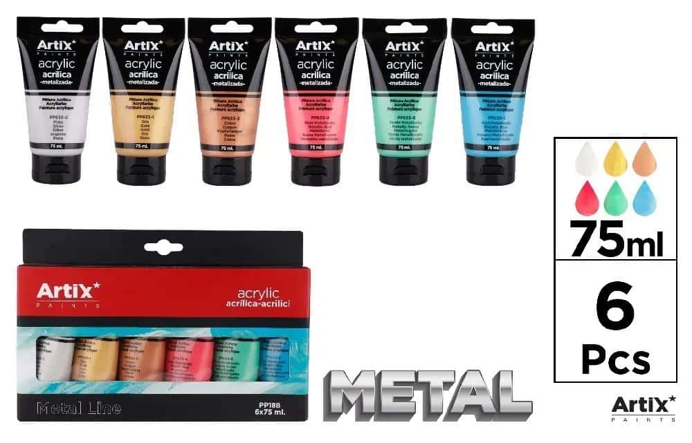 Artix Metallic Acrylic Paint 75 ml 6 Colors - Set for Artists
