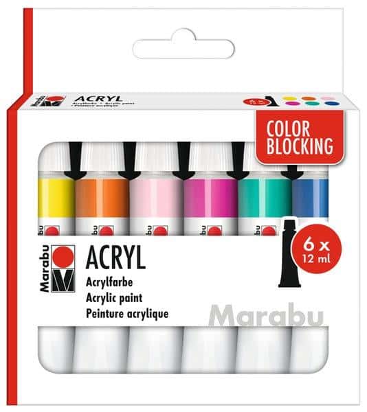 Marabu Color Blocking Acrylic Paints 12 ml, 6 Colors Set