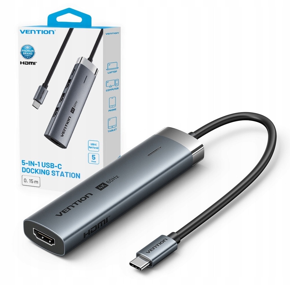 Vention 5-in-1 USB-C Hub 100W PD - Silver hub ideal for laptops