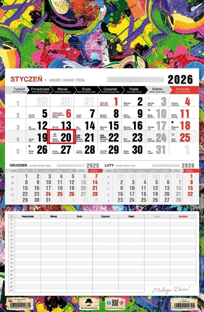 Pan Kalendarzyk Three-part calendar Graffiti 2026 with schedule