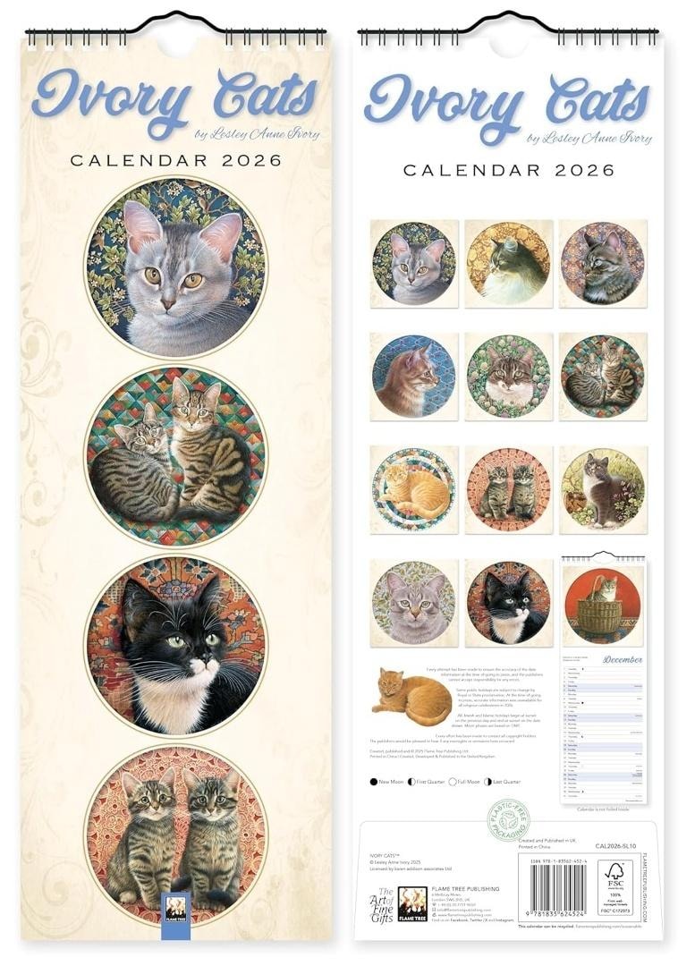 Flame Tree Wall calendar 2026 strip Ivory Cats