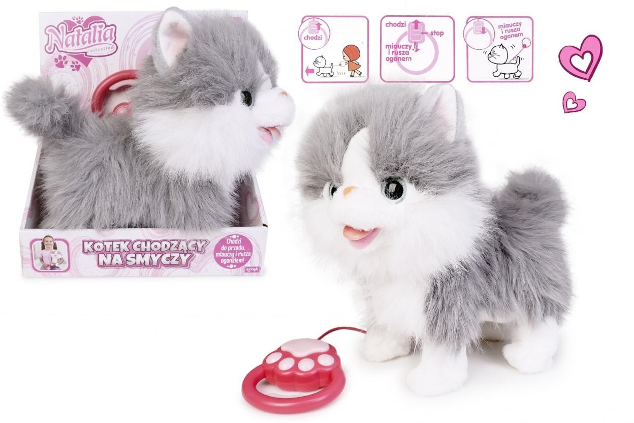 Cat walking on a leash, white-gray - charming figurine for animal lovers