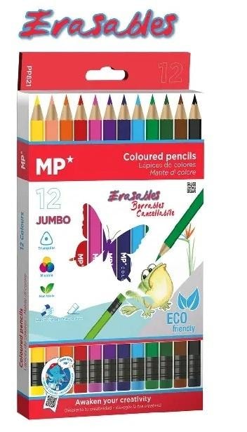 MP Main Paper Erasable Colored Pencils Jumbo - 12 colors with eraser for creative children