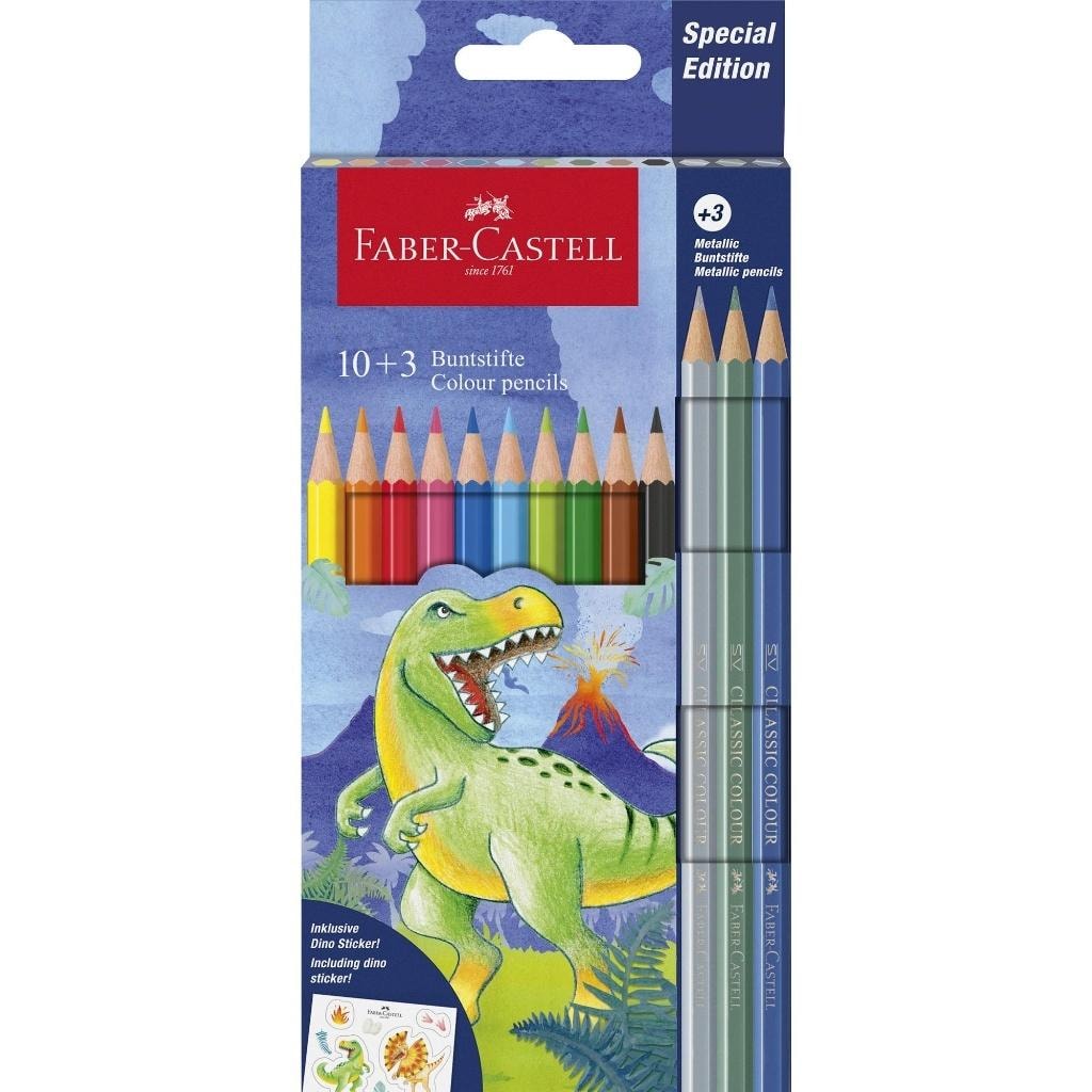 Faber-Castell Hexagonal Crayons Dinosaur - 10 + 3 Colors + Stickers