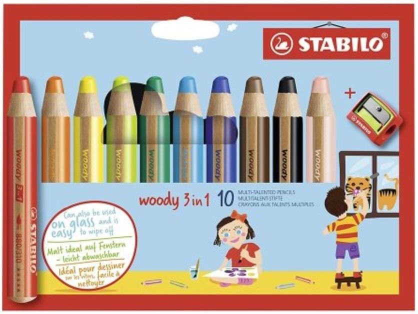 STABILO Woody 3-in-1 Crayons - 10 colors with sharpener for creative kids