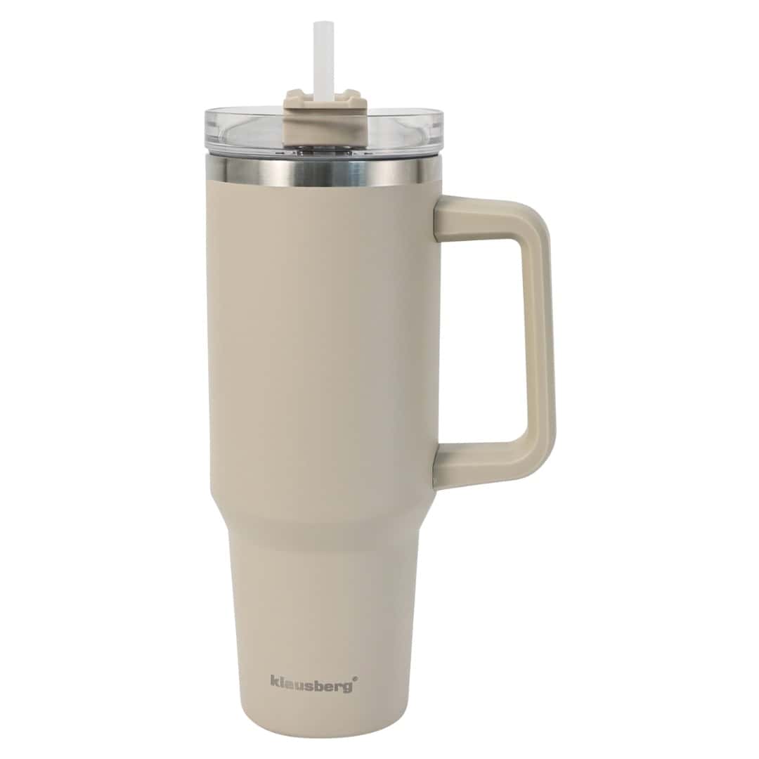 Klausberg Thermal mug with straw, beige, 1100 ml - perfect for travel