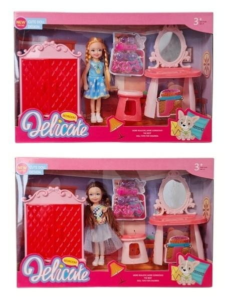 Doll with wardrobe, dressing table and accessories - perfect playset