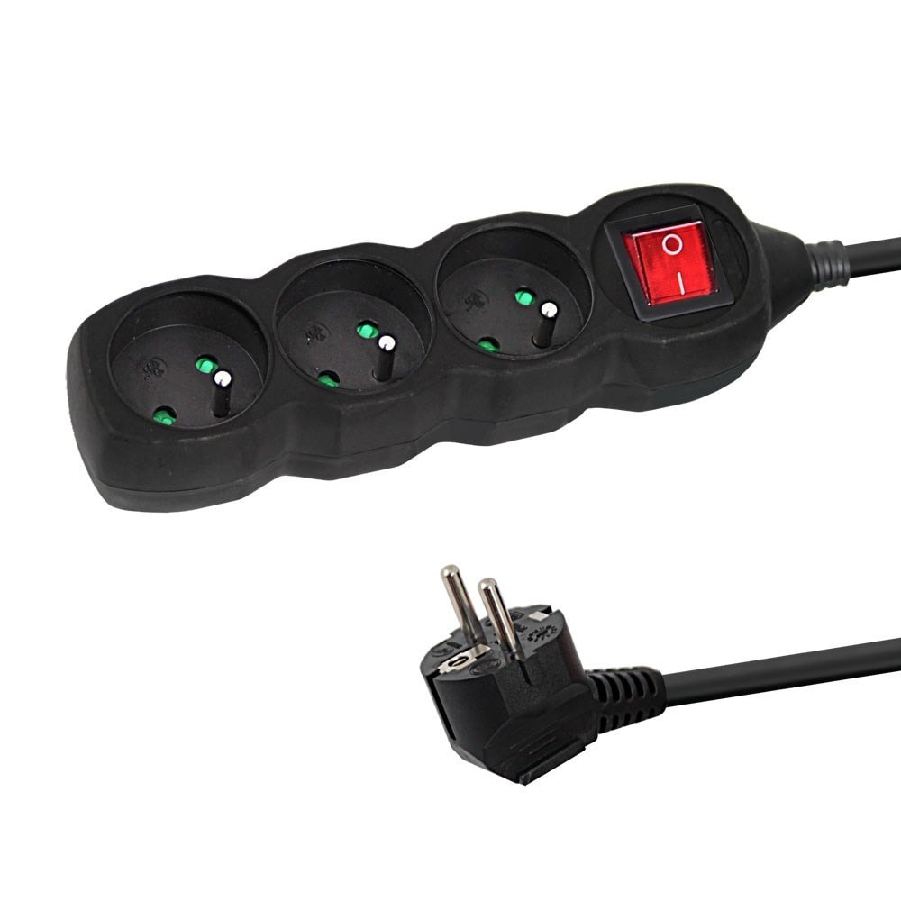 Esperanza Power Strip 3 Sockets with Switch 3m Black - ideal for home and office