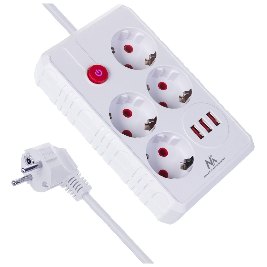 Maclean Power strip 4 sockets + 3xUSB 3m white - ideal for home and office