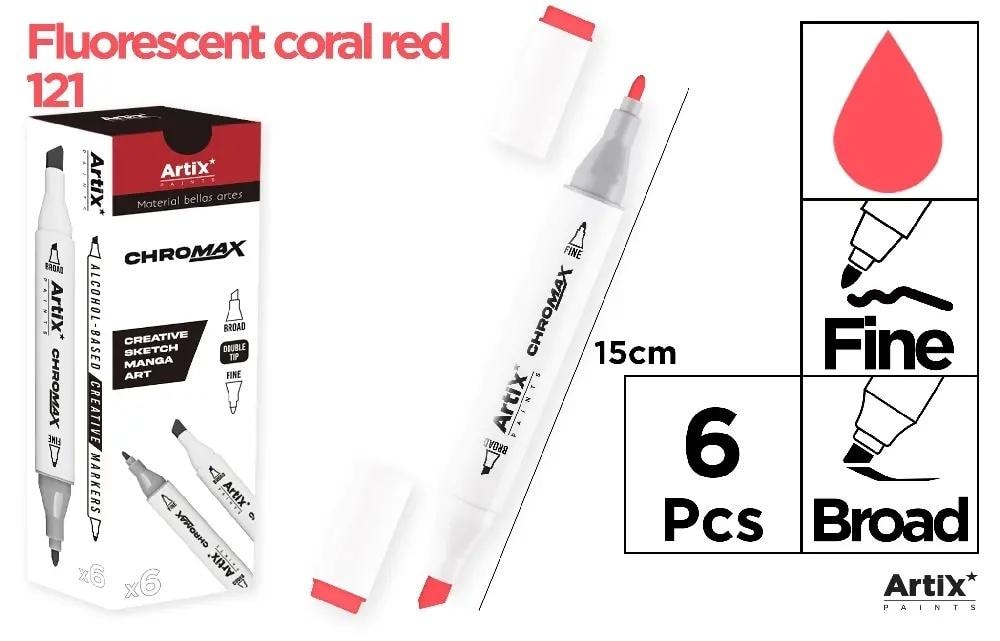 Artix Chromax Marker with 2 tips - Fluorescent Coral 121 (6 pieces) for artists