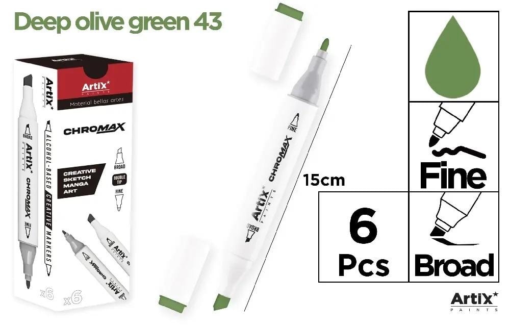 Chromax Artix - Dual Tip Marker Olive Green (6 Pcs) - Precision Tool for Artists