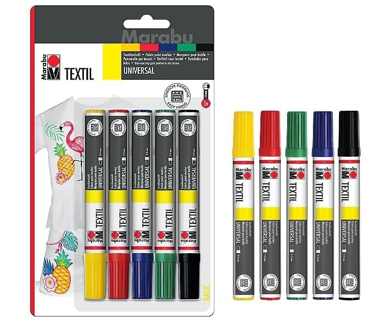 Marabu Fabric markers for light fabrics - 5 colors for creative minds