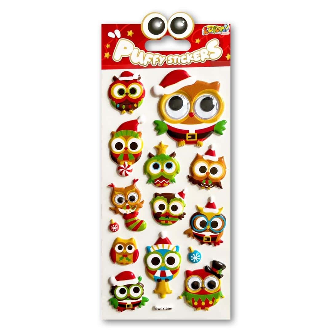 Puffy Stickers Christmas Owls - Christmas owls with googly eyes