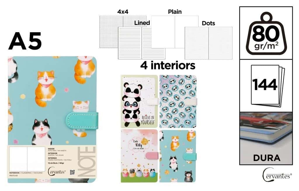 Notebook A5/144K Magnet Cats Pandas Mix - ideal for school
