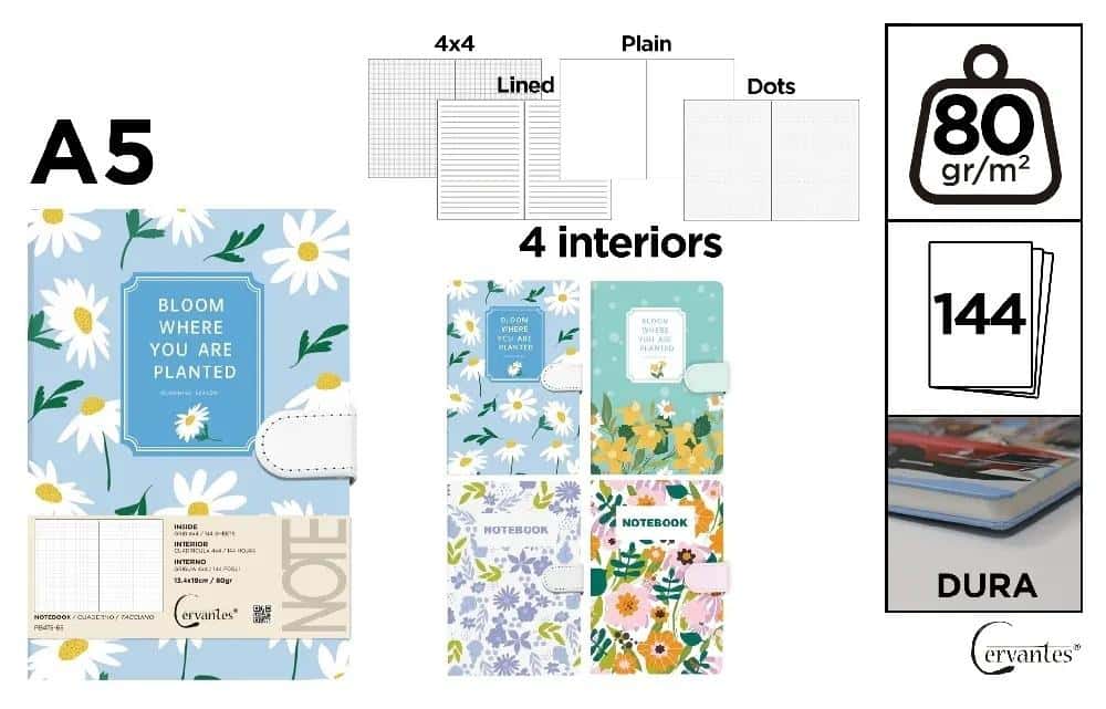 Cervantes Notebook A5/144K magnet flowers MIX - ideal for notes