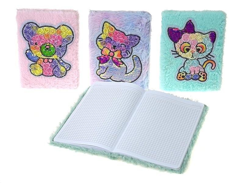 A5 notebook with plush cover, mixed designs - ideal for school and work