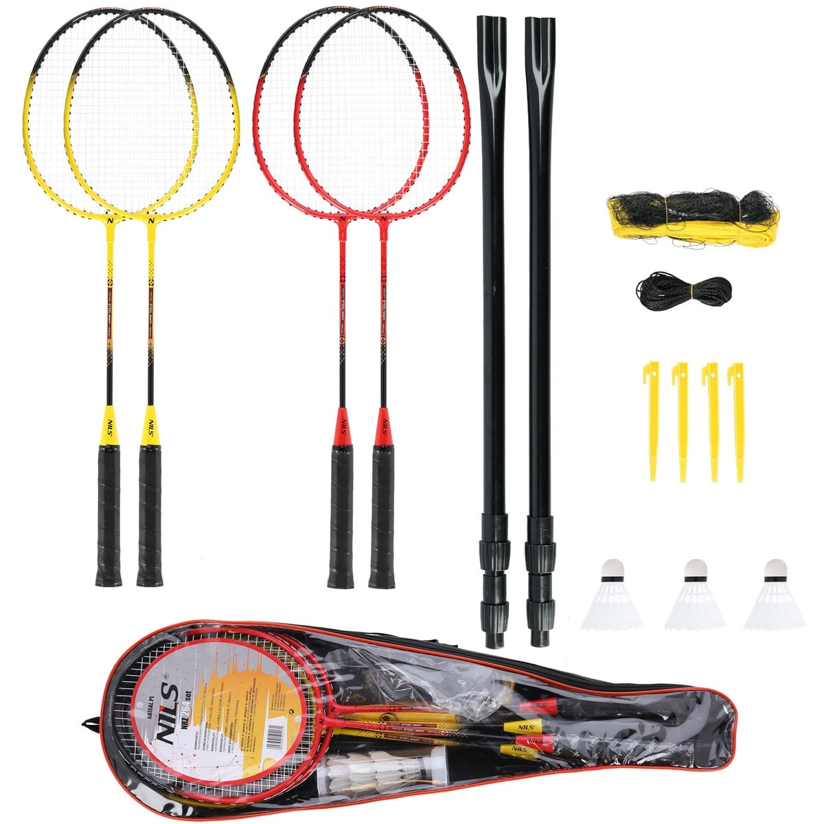 Nils Badminton Set 4 Rackets + Shuttlecocks + Net - perfect as a gift