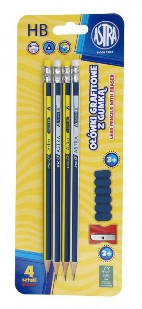 Ołówek grafitowy z gumką ASTRA z temperówką i nakładką