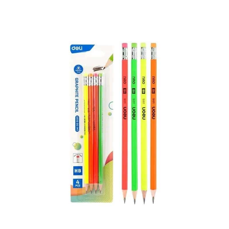 DELI Neon HB Pencil with eraser 4 pieces - ideal for school and office