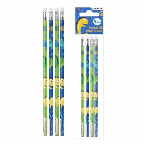 STARPAK HB Pencil with Eraser Dino - 4 Pieces with Dino Theme