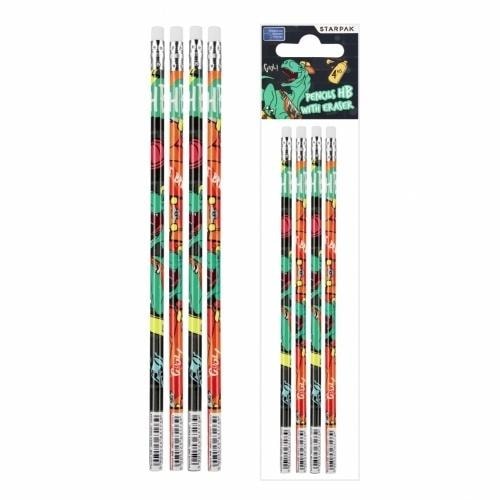 STARPAK Pencil with Eraser HB Skate Dino 4 pcs set - perfect for school