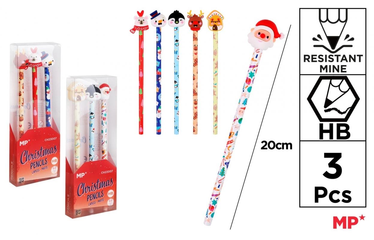 Christmas pencils with figurines - 3 pieces MIX designs